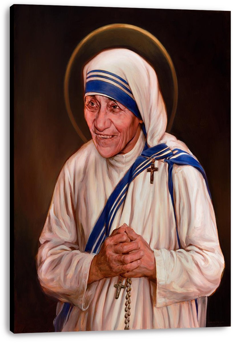 Mother Teresa canvas wall art print features her white-and-blue habit, folded hands with rosary, cross pendant, and gold halo.