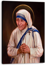 Mother Teresa canvas wall art print features her white-and-blue habit, folded hands with rosary, cross pendant, and gold halo.