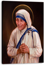 Mother Teresa canvas wall art print features her white-and-blue habit, folded hands with rosary, cross pendant, and gold halo.