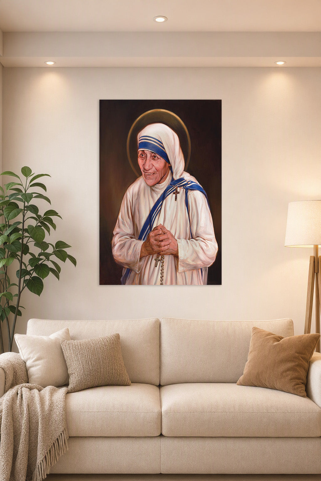 Mother Teresa Saint in a bright living room above a beige sofa.