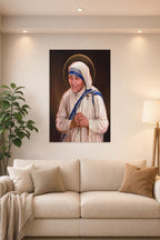 Mother Teresa Saint in a bright living room above a beige sofa.