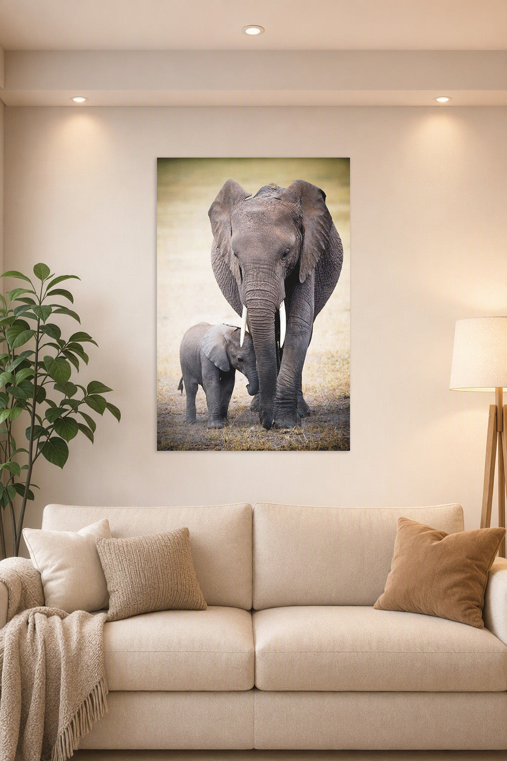 Mother and Baby Elephant in a bright living room above a beige sofa.