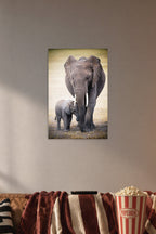 Mother and Baby Elephant in a cozy movie room above a brown sofa with popcorn.