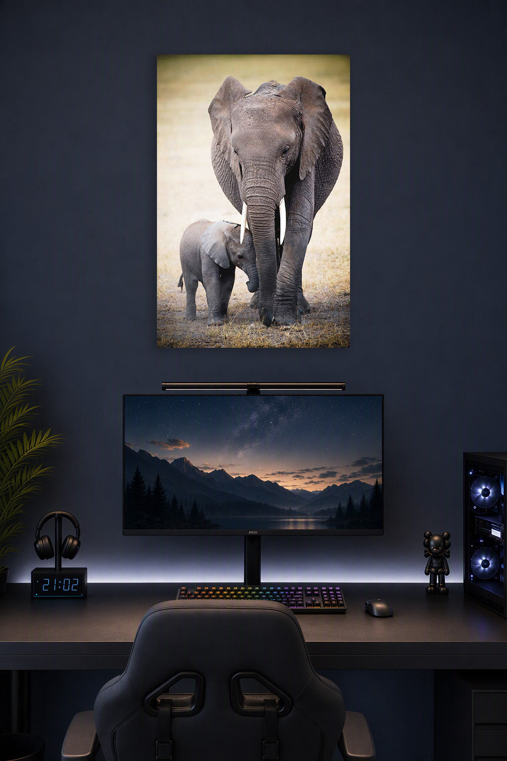 Mother and Baby Elephant in a gaming desk setup above a monitor.