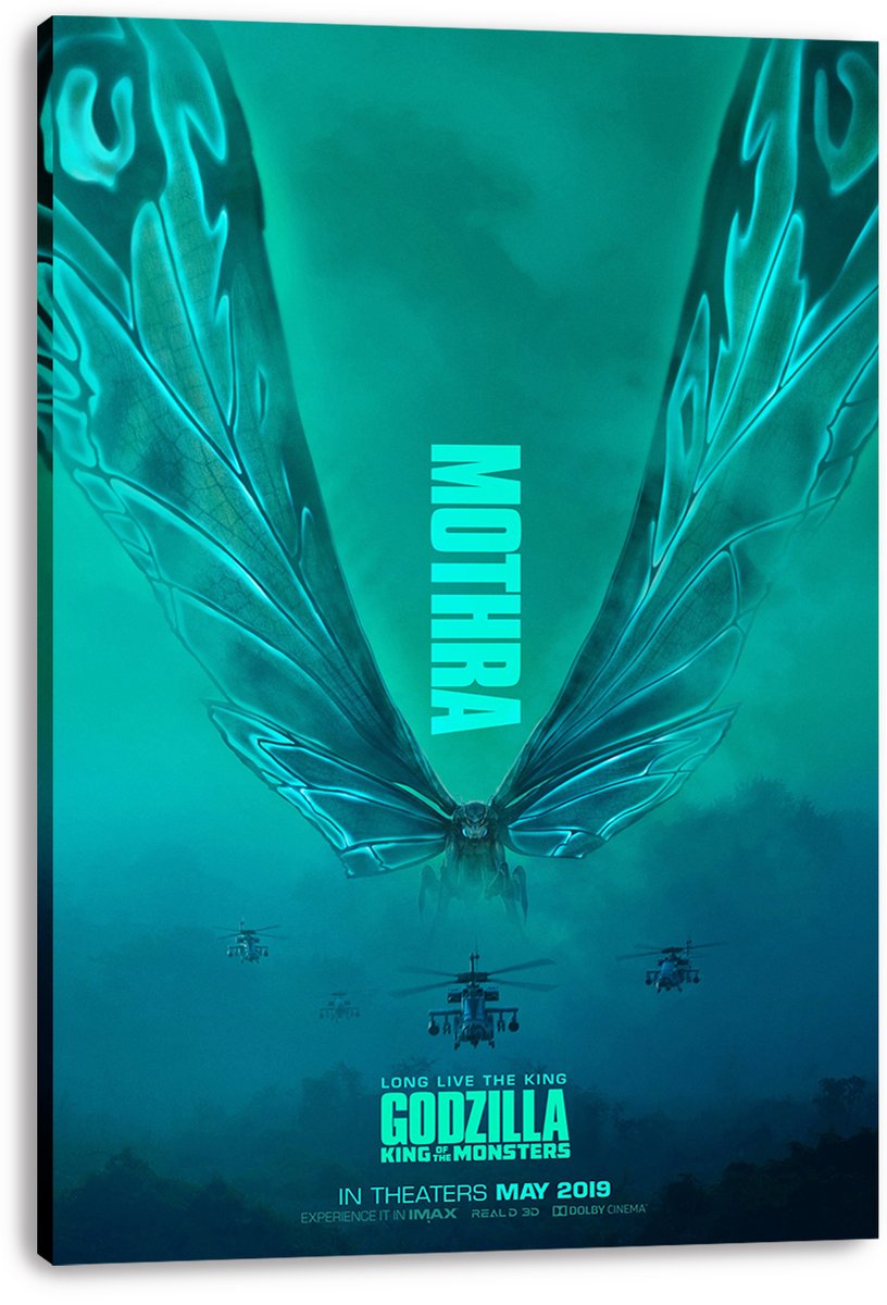 Mothra canvas wall art print displays glowing teal wings over helicopters and a dark forest silhouette, presented with visible wrapped edges.
