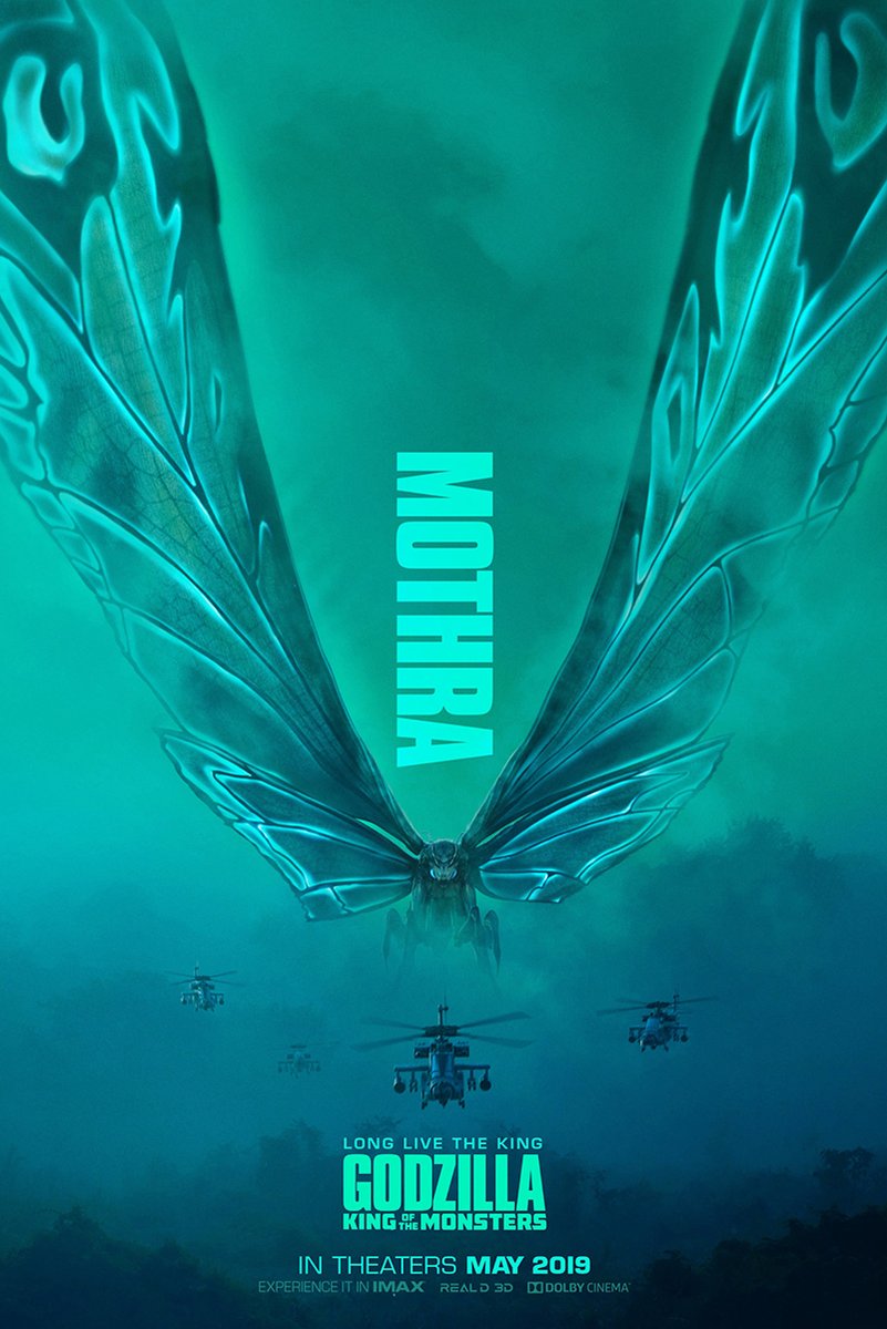 Mothra poster features the giant winged creature above military helicopters in a misty teal-blue sky, with Godzilla film text below.