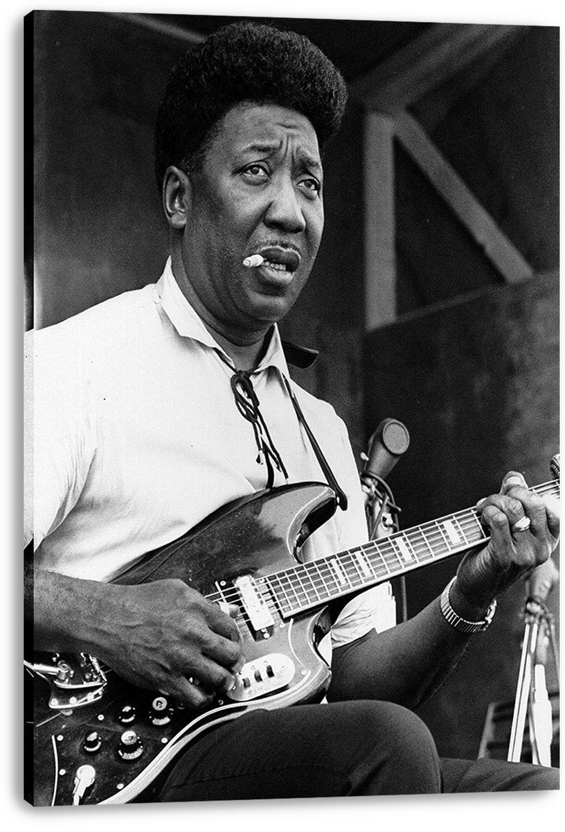 Muddy Waters canvas wall art print featuring a black-and-white performance portrait with electric guitar, cigarette, and microphone.