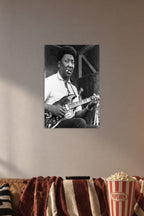 Muddy Waters Blues Legend in a cozy movie room above a brown sofa with popcorn.