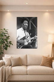 Muddy Waters Blues Legend in a bright living room above a beige sofa.