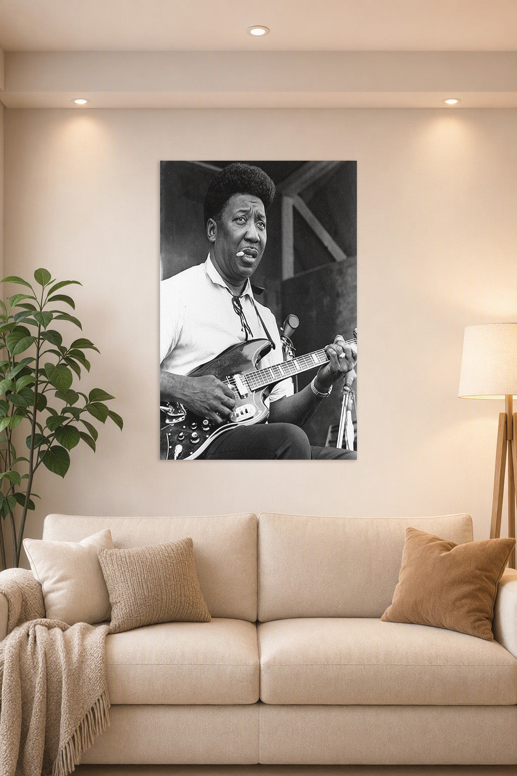 Muddy Waters Blues Legend in a bright living room above a beige sofa.
