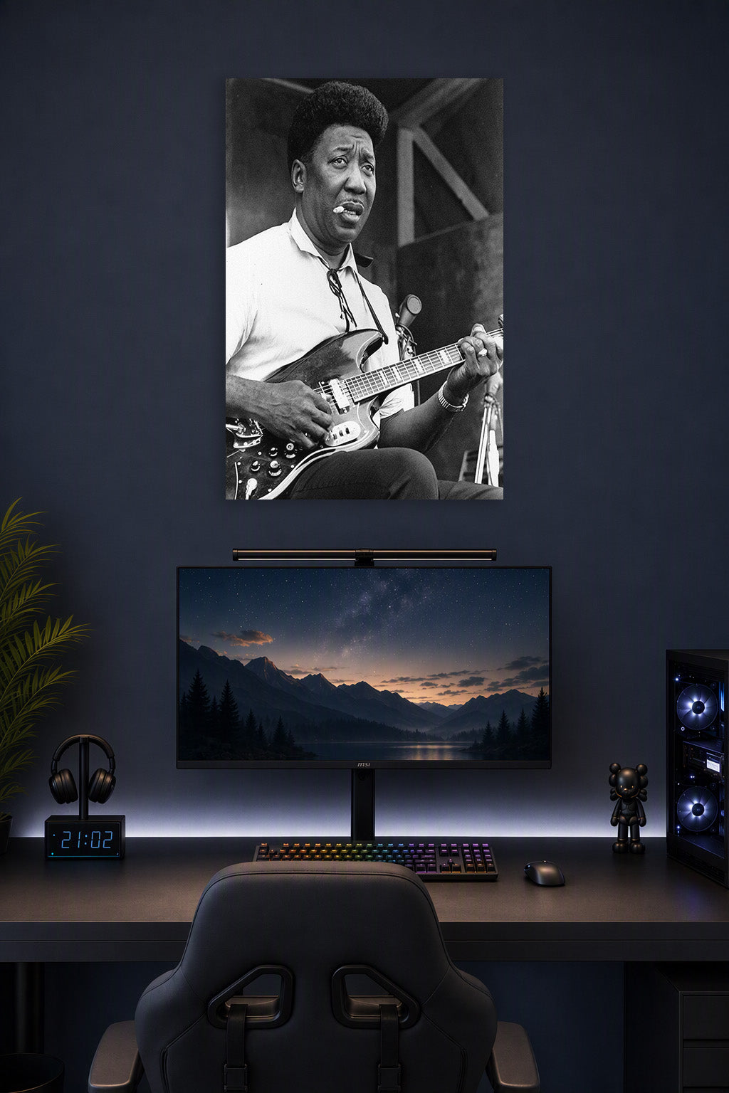 Muddy Waters Blues Legend in a gaming desk setup above a monitor.