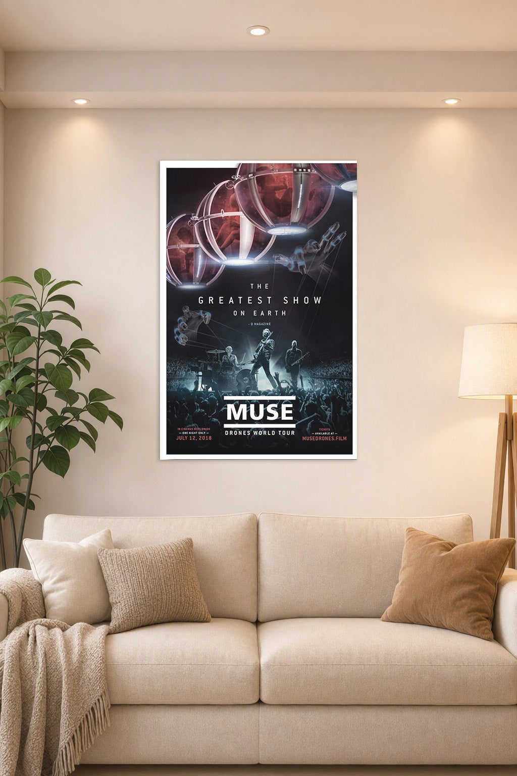 Muse Drones World Tour Concert in a bright living room above a beige sofa.