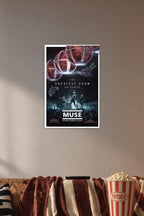 Muse Drones World Tour Concert in a cozy movie room above a brown sofa with popcorn.