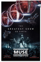Muse Drones World Tour poster with three musicians performing before a crowd beneath red drone pods and robotic hands.