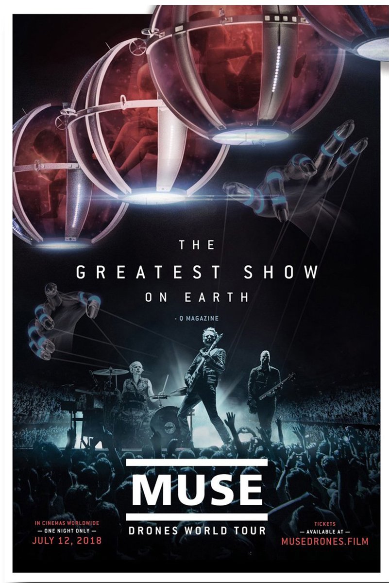 Muse Drones World Tour poster with three musicians performing before a crowd beneath red drone pods and robotic hands.