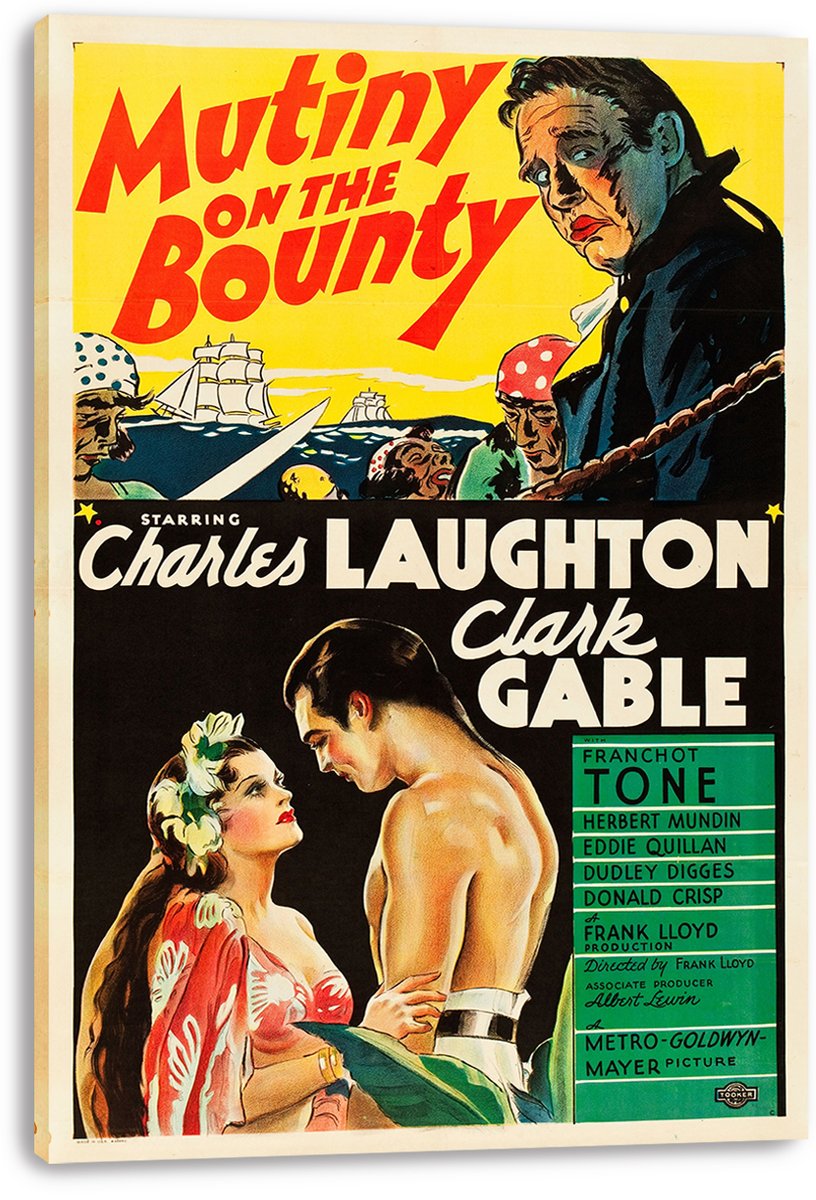 Mutiny on the Bounty canvas wall art print featuring a stern captain, sailing ships, bold red lettering, and embracing couple.