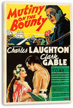 Mutiny on the Bounty canvas wall art print featuring a stern captain, sailing ships, bold red lettering, and embracing couple.