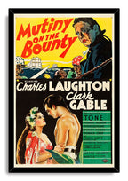 Mutiny on the Bounty framed wall art print with black border, ocean ships, sailors, dramatic portraits, and red title text.