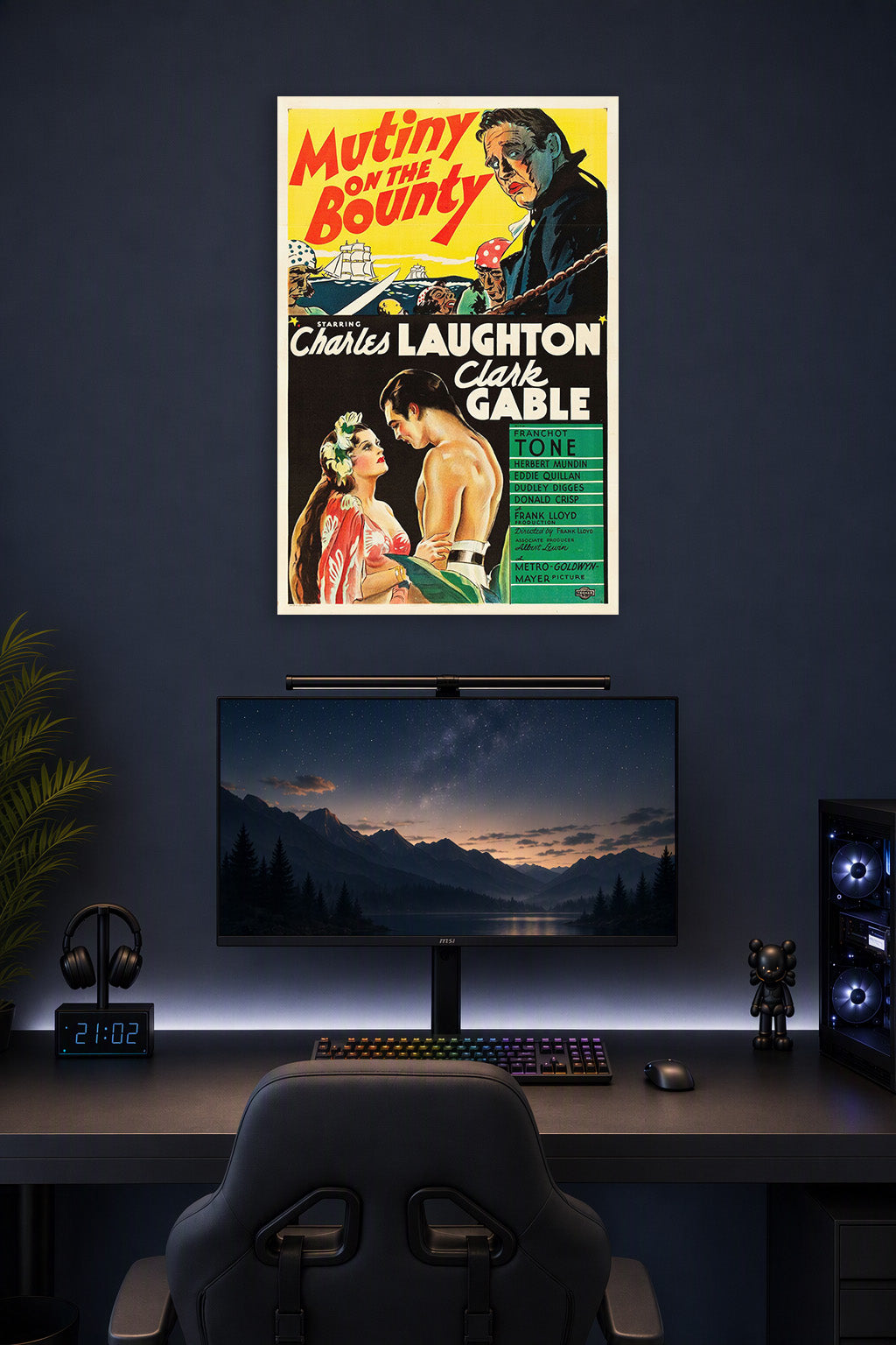 Mutiny on the Bounty Charles Laughton Clark Gable in a gaming desk setup above a monitor.