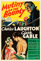 Mutiny on the Bounty poster with red title lettering, sailors and ships at sea, and a romantic couple below.