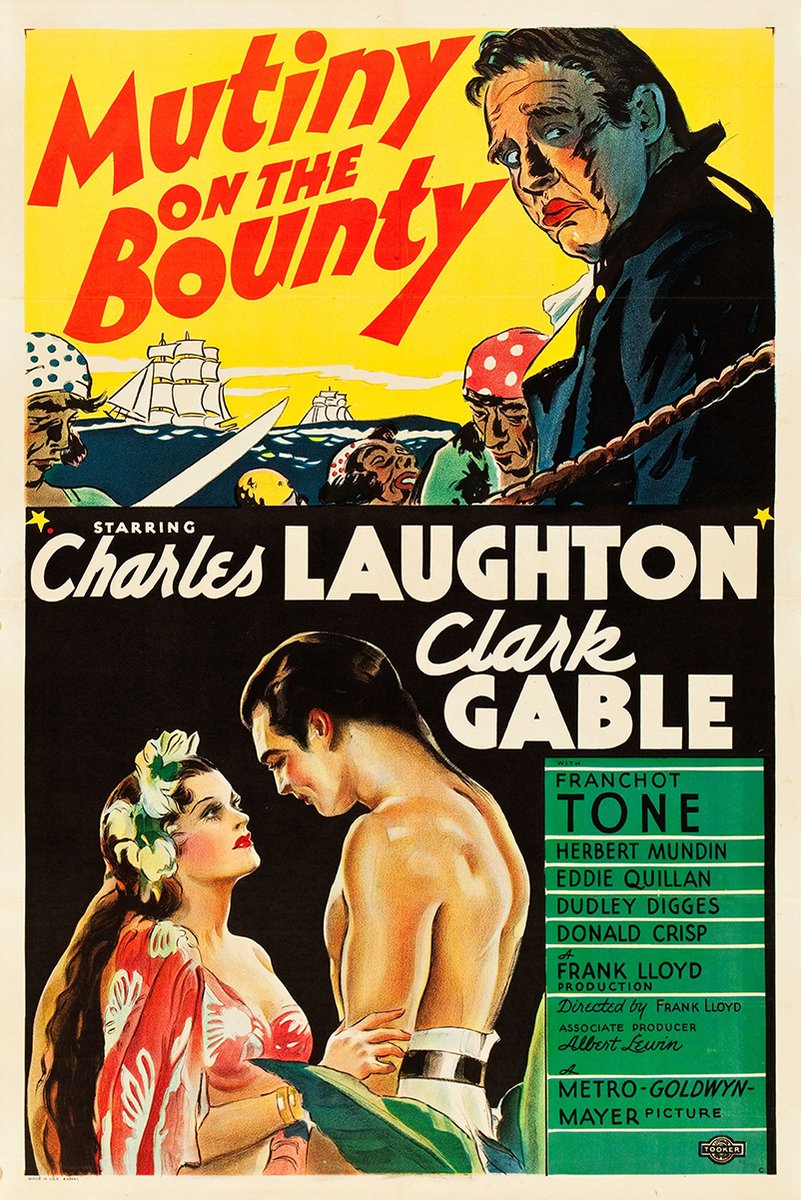 Mutiny on the Bounty poster with red title lettering, sailors and ships at sea, and a romantic couple below.