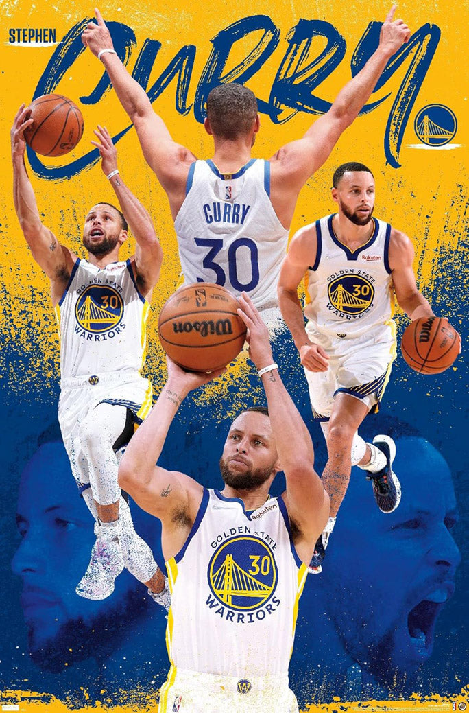 Stephen Curry wall art print with four Warriors action poses in white number 30 uniforms against yellow and blue.