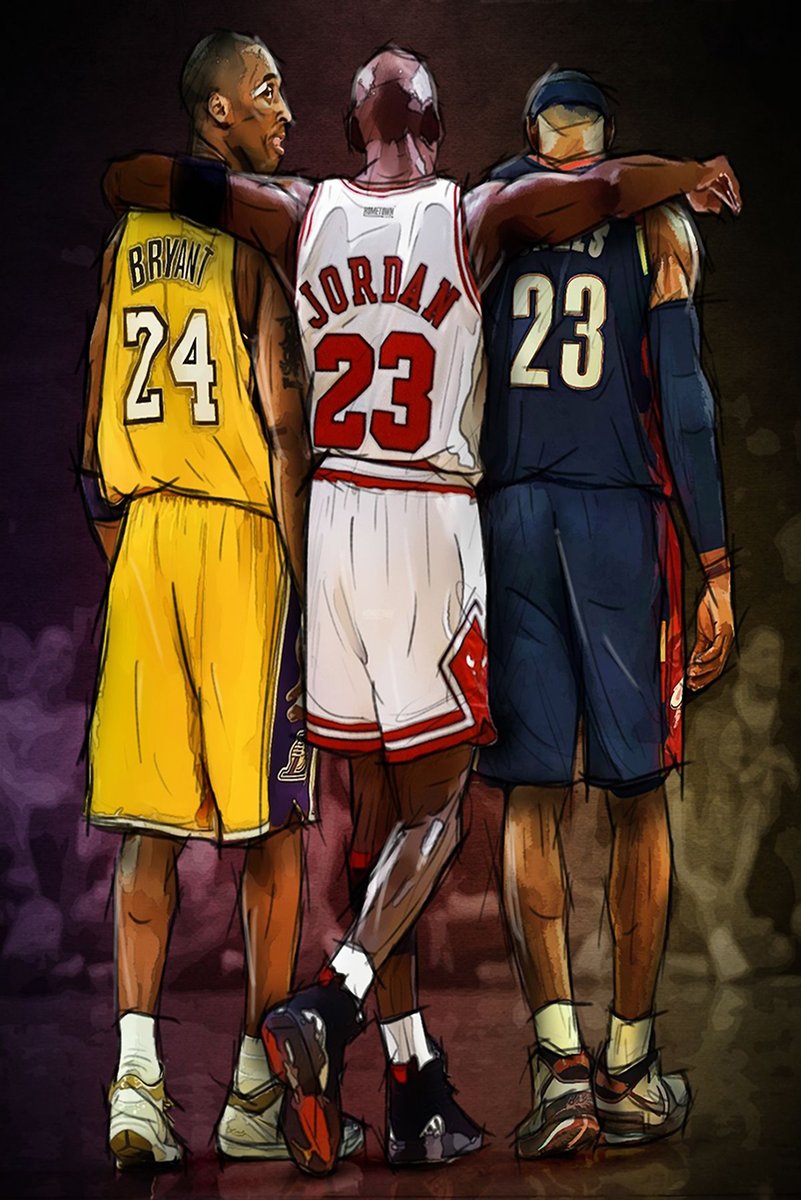 Basketball wall art print depicts Kobe Bryant, Michael Jordan, and LeBron James from behind with arms linked in yellow, white, and navy number 23 jerseys.