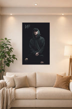NF Rapper in a bright living room above a beige sofa.