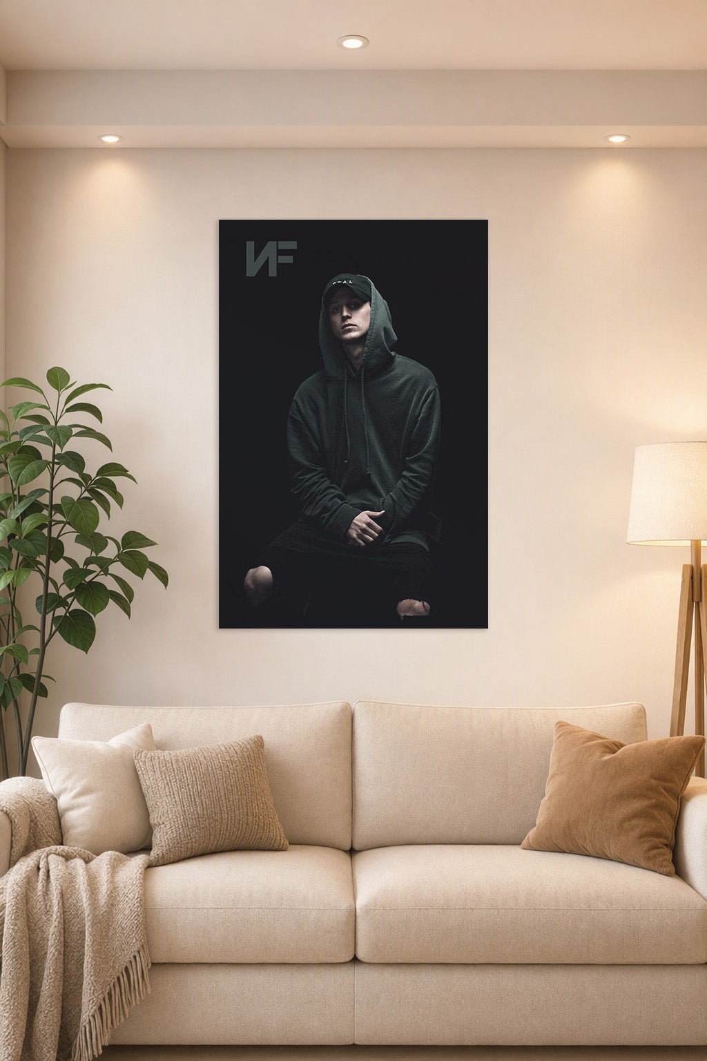 NF Rapper in a bright living room above a beige sofa.