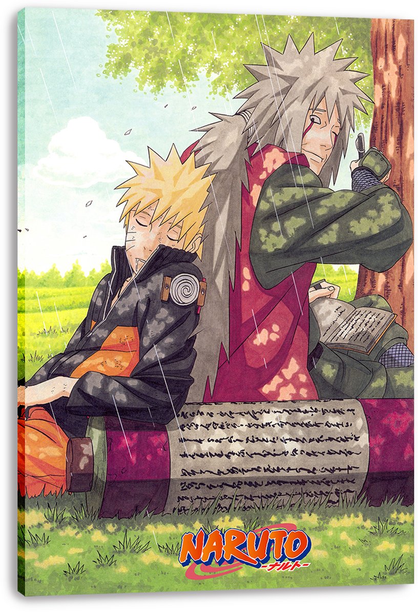 Naruto canvas wall art print depicts sleeping Naruto beside Jiraiya writing under a tree in a rainy, sunlit green field.