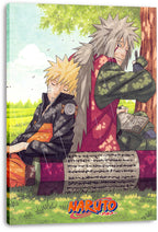 Naruto canvas wall art print depicts sleeping Naruto beside Jiraiya writing under a tree in a rainy, sunlit green field.