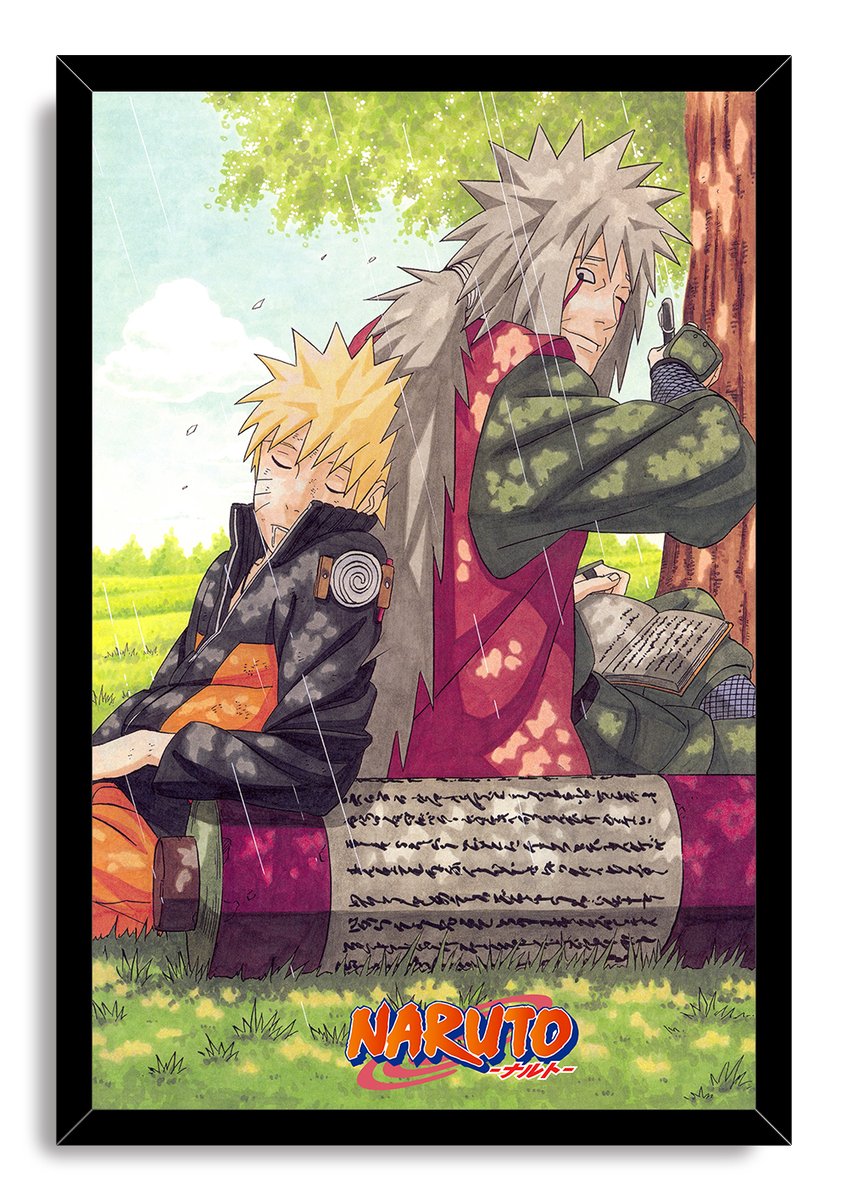 Naruto framed wall art print depicts Naruto resting against Jiraiya, who holds a pen and open scroll beneath a rainy tree.