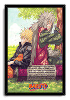 Naruto framed wall art print depicts Naruto resting against Jiraiya, who holds a pen and open scroll beneath a rainy tree.