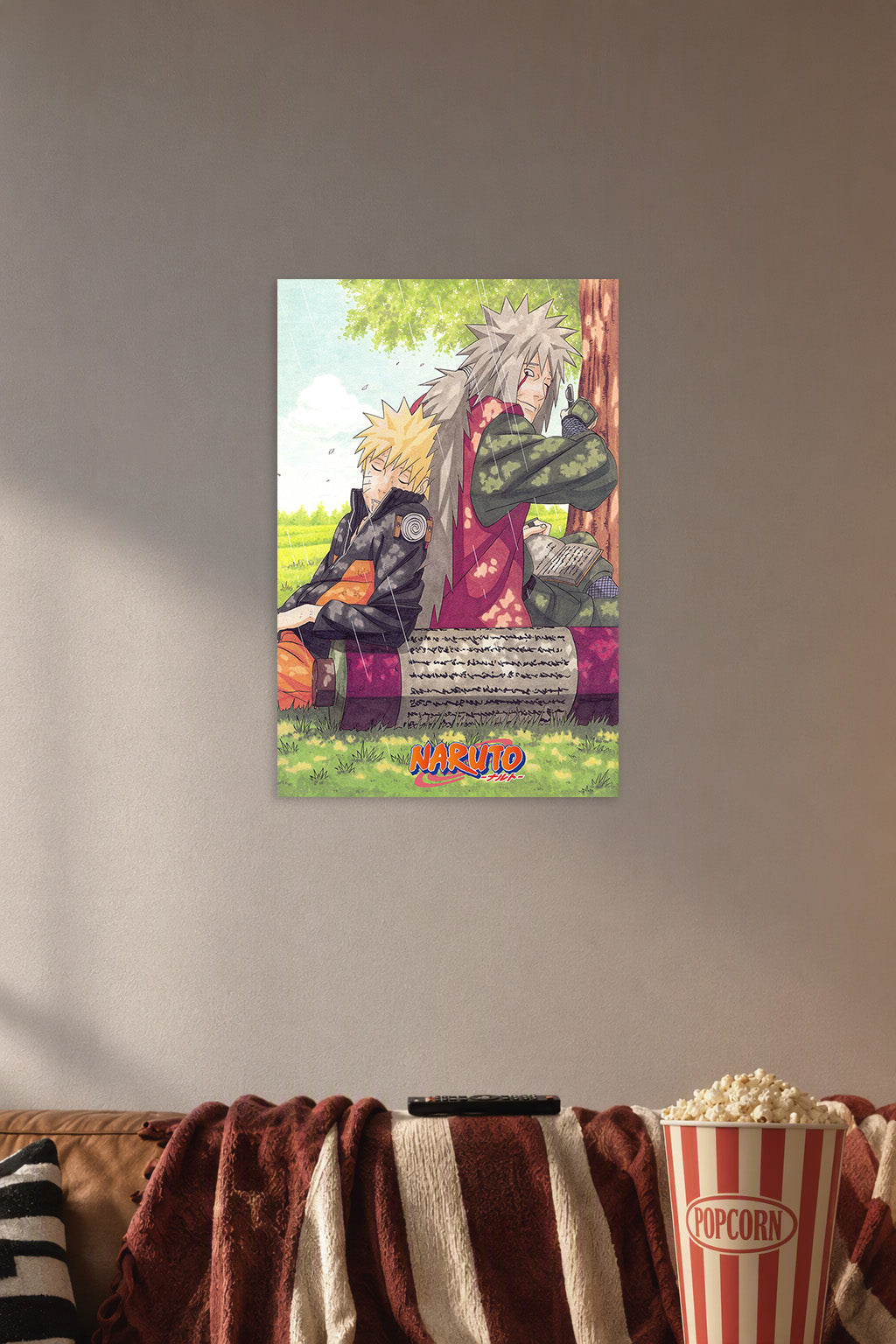 Naruto and Jiraiya Rainy Day in a cozy movie room above a brown sofa with popcorn.