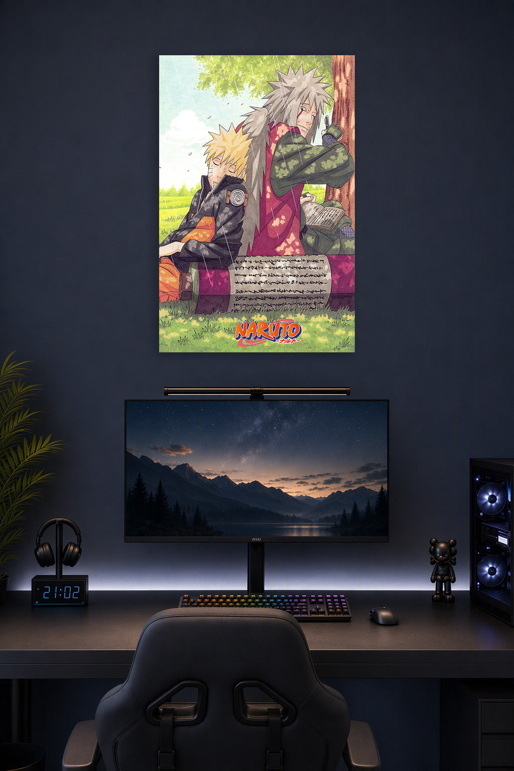 Naruto and Jiraiya Rainy Day in a gaming desk setup above a monitor.