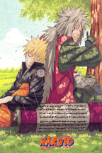 Naruto poster depicts young Naruto sleeping beside Jiraiya writing under a tree in rain, with a scroll and green field.