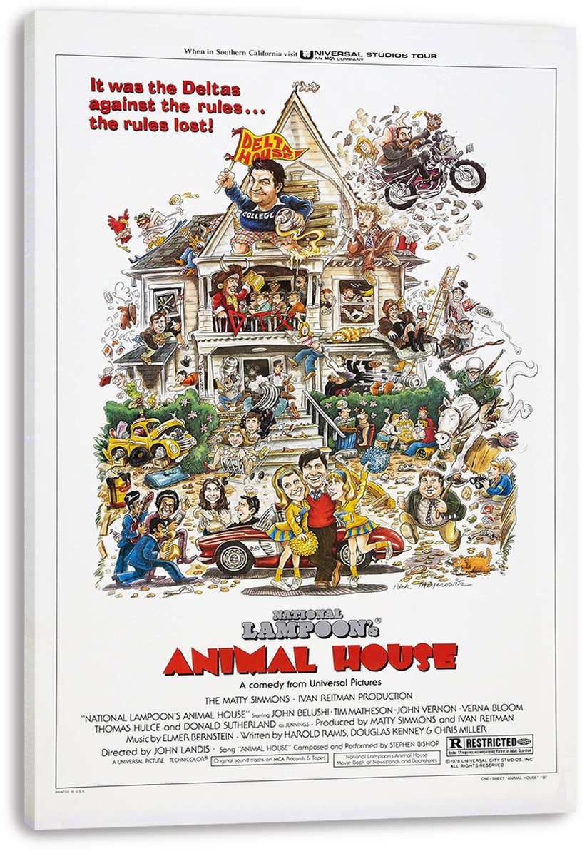 National Lampoon's Animal House canvas wall art print presents the comic fraternity-house scene with a white wrapped canvas edge.
