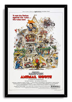 National Lampoon's Animal House framed wall art print displays the crowded cartoon campus party scene in a black mitered frame.