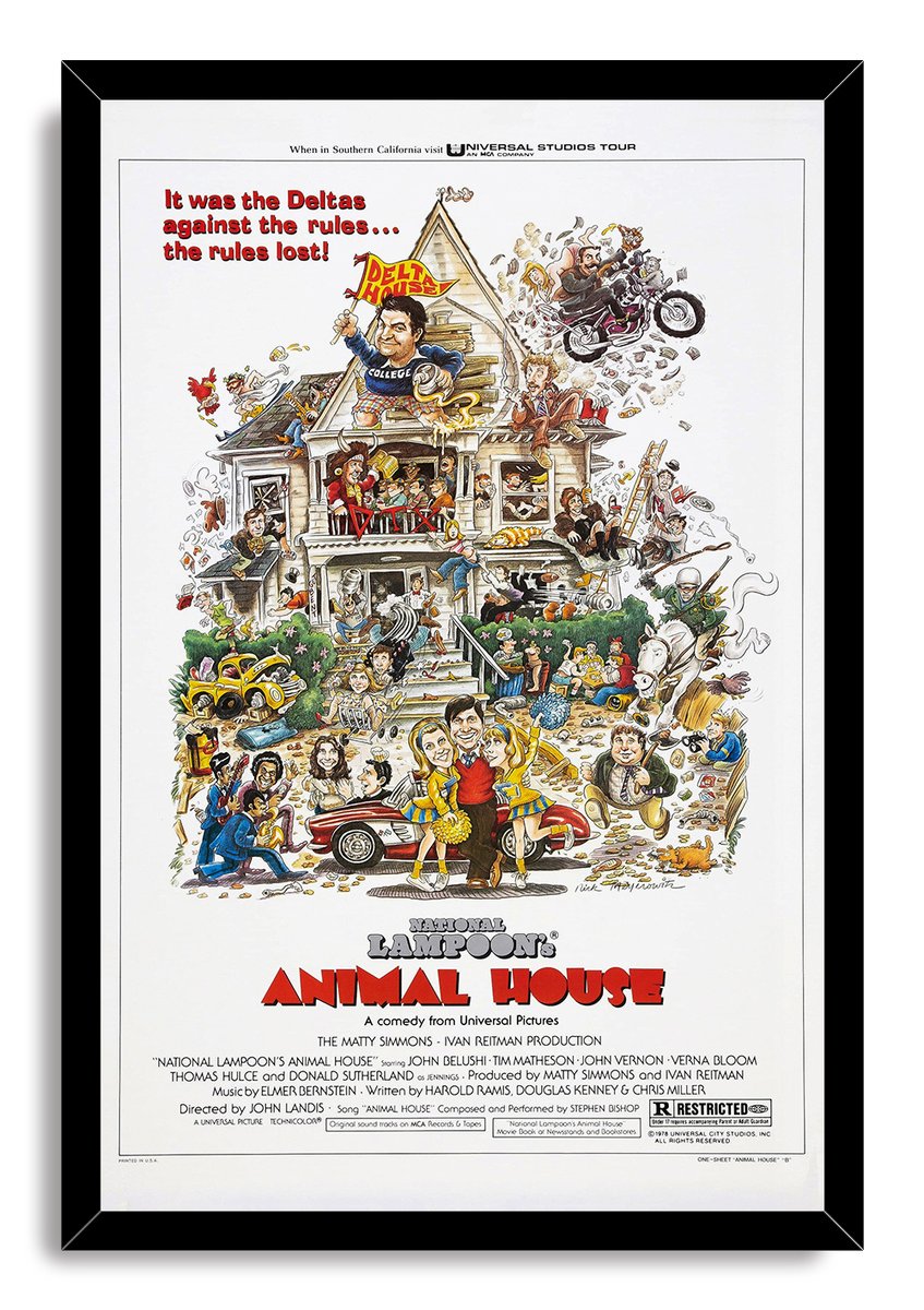 National Lampoon's Animal House framed wall art print displays the crowded cartoon campus party scene in a black mitered frame.