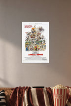 National Lampoon's Animal House Movie in a cozy movie room above a brown sofa with popcorn.