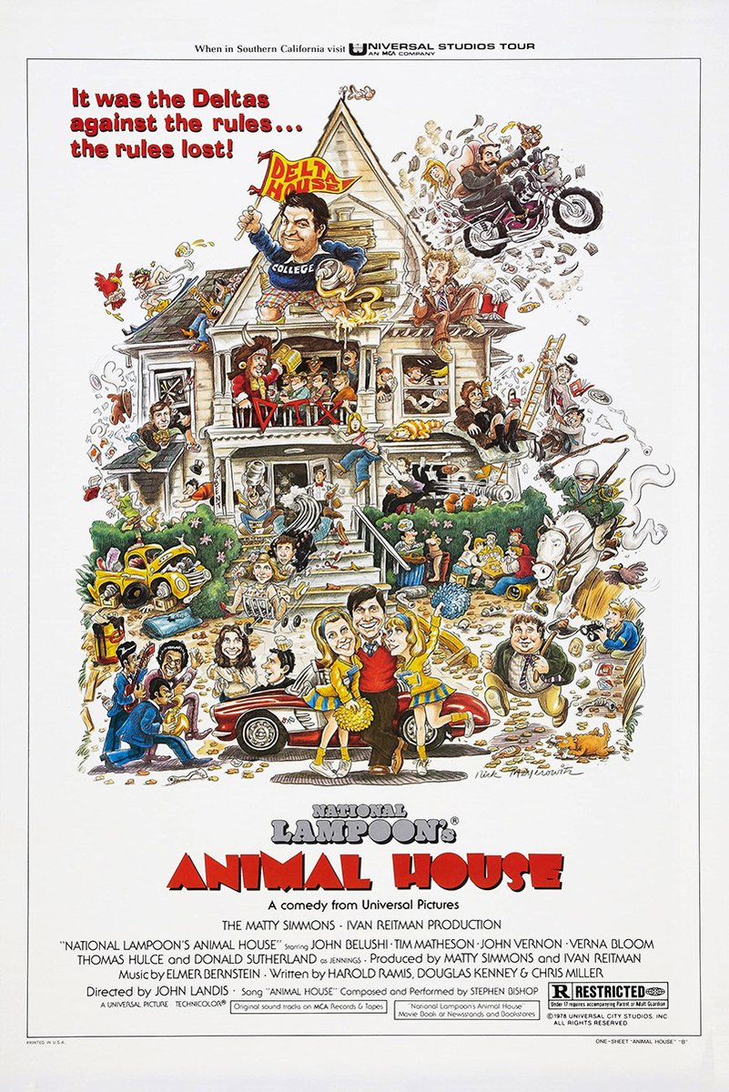 National Lampoon's Animal House poster features a chaotic cartoon fraternity house, motorcycles, cars, partygoers, and red title text.