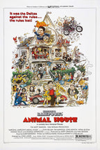 National Lampoon's Animal House poster features a chaotic cartoon fraternity house, motorcycles, cars, partygoers, and red title text.