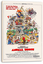 National Lampoon's Animal House wall art print on a stretched canvas depicts the busy Delta House illustration, red car, and bold red title.