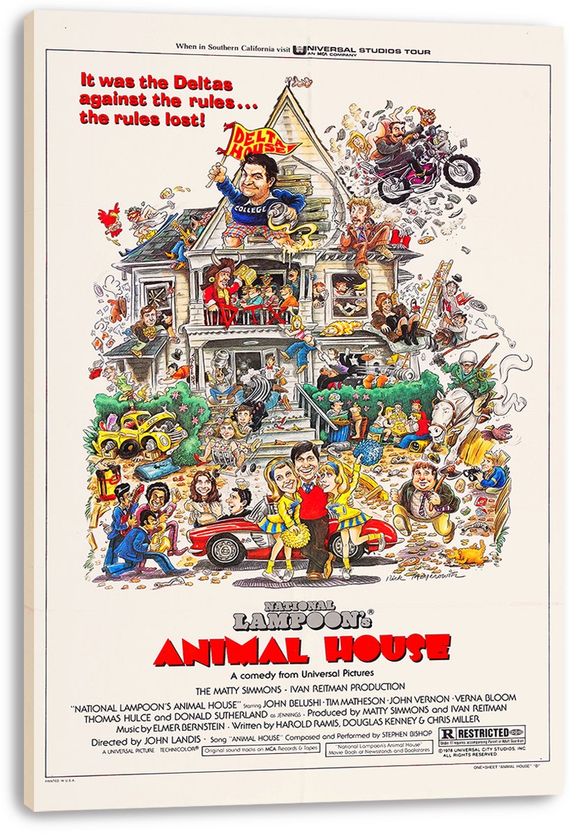 National Lampoon's Animal House wall art print on a thick white canvas, featuring the crowded cartoon Delta House scene and red title.
