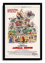 National Lampoon's Animal House framed wall art print presents the comic Delta House party illustration in a black frame with red title lettering.