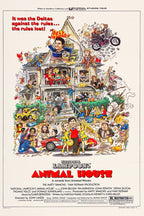 National Lampoon's Animal House movie poster features a chaotic illustrated Delta House scene with students, a motorcycle, and red title text.