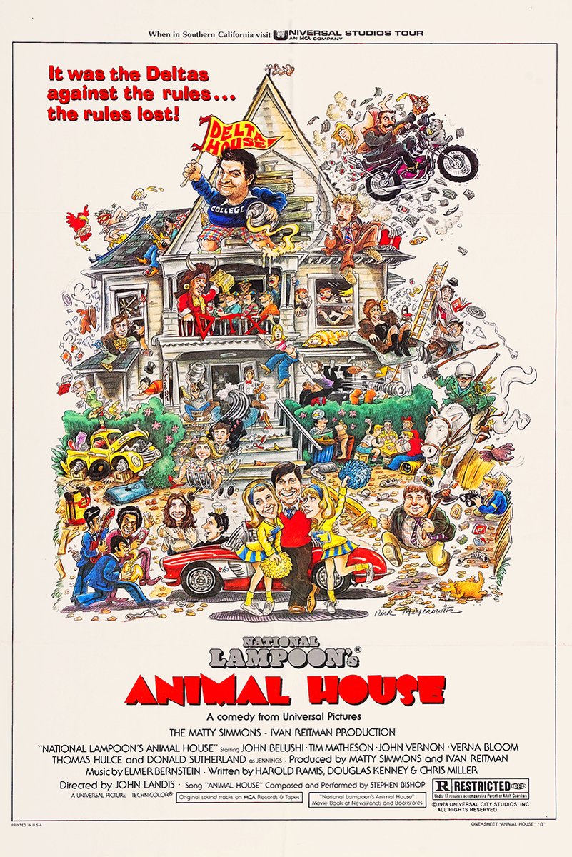 National Lampoon's Animal House movie poster with a chaotic cartoon Delta House, red car, motorcycle, and bold red title.