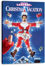 National Lampoon's Christmas Vacation canvas wall art print depicts a Santa-suited man electrified by string lights, with flying gifts and lightning.