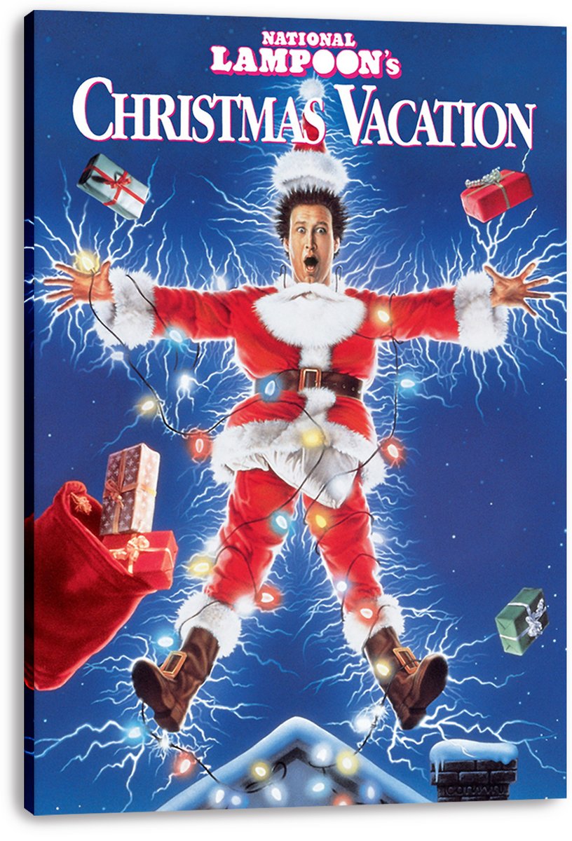 National Lampoon's Christmas Vacation canvas wall art print depicts a Santa-suited man electrified by string lights, with flying gifts and lightning.