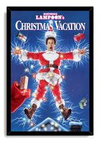 National Lampoon's Christmas Vacation framed wall art print portrays a shocked Santa-suited man amid glowing lights, gifts, and blue lightning.